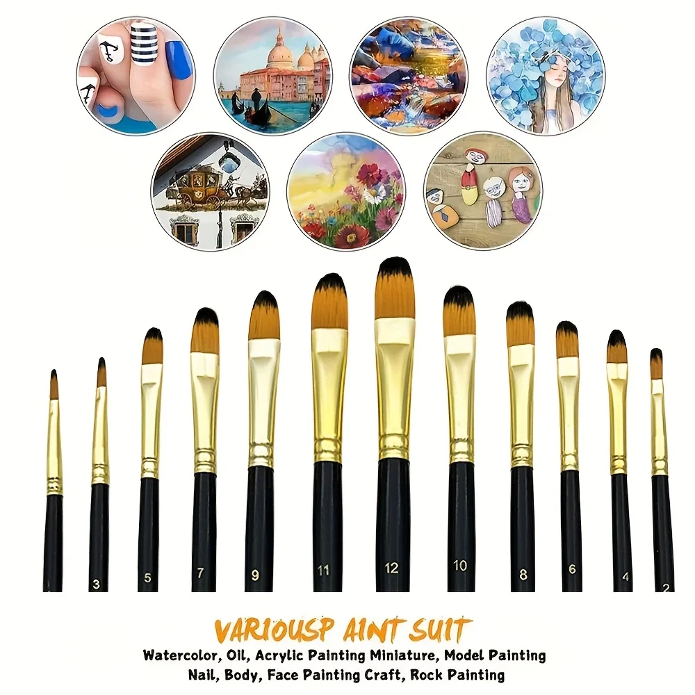 12pcs Filbert Paint Brushes Set, Artist Brush with Synthetic Nylon Tips for Acrylic Oil Watercolor Gouache Artist Professional 4
