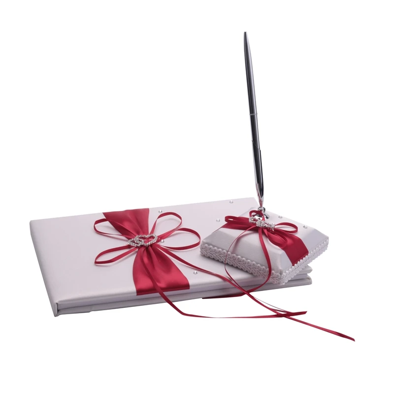 Wedding Guest Book With Pen Holder Sets Satin Bows Signature Book With Diamonds Love Shape For Party Decorations Retail