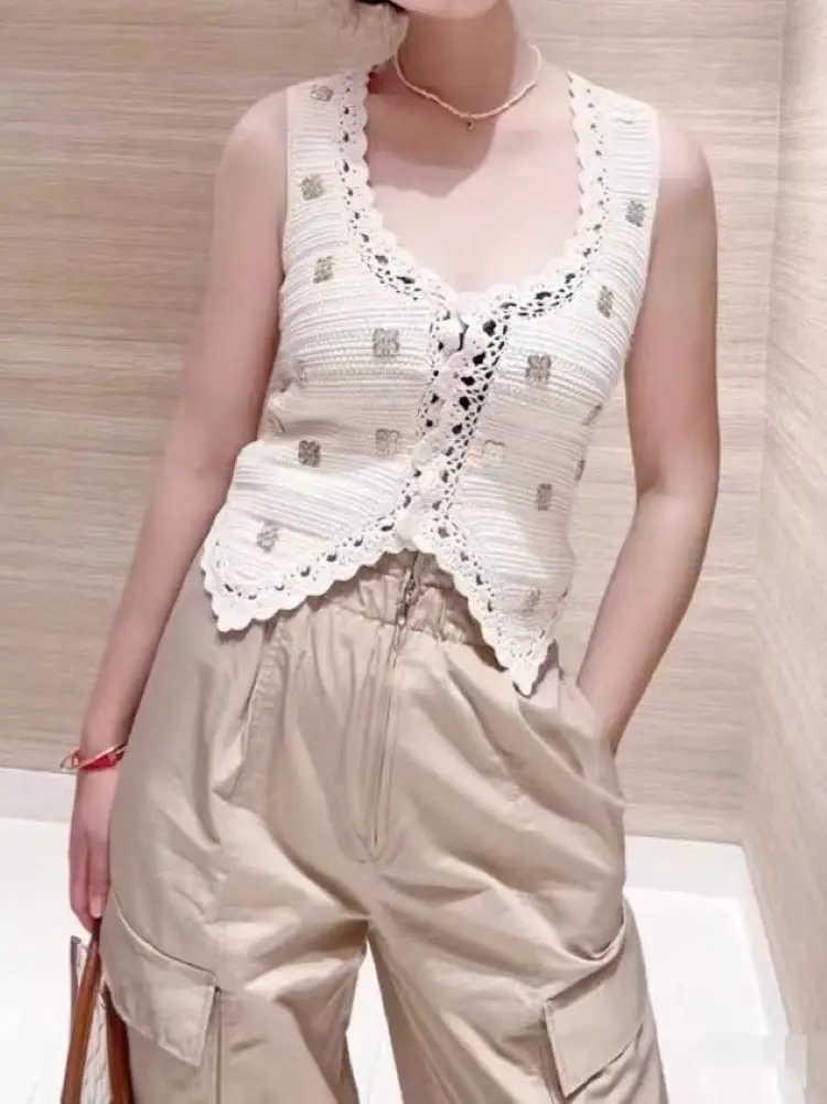 

Женский трикотажный жилет без рукавов, повседневный однобортный Топ с V-образным вырезом и металлическим украшением