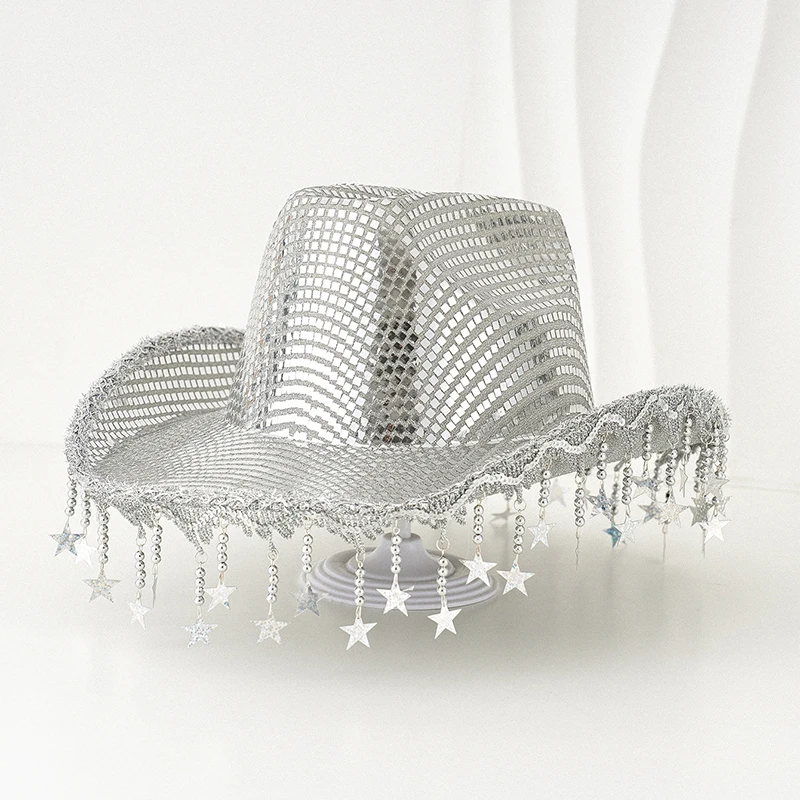 Bling Stars Tassel Cowgirl Hats Womens Mens Shiny Sequins Wide Brim Cowgirl Hat Western Themed Party Caps for Streetwear