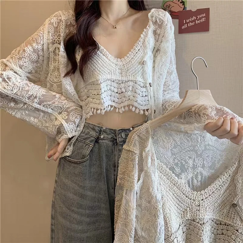 OUMEA Summer long sleeve V neck knit cardigan lace coat female hollow short horn  sunscreen sexy sleeveless halter two sets