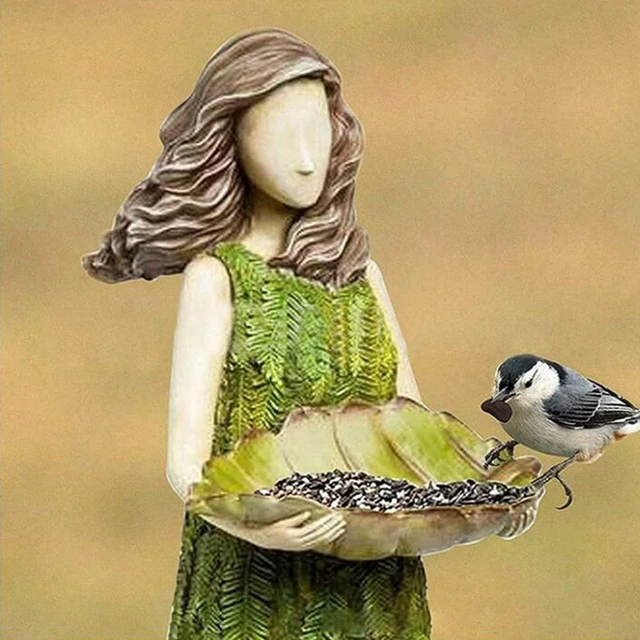 Forest girl bird feeder fern green spirit statue courtyard resin crafts forest lawn decorations ornaments garden