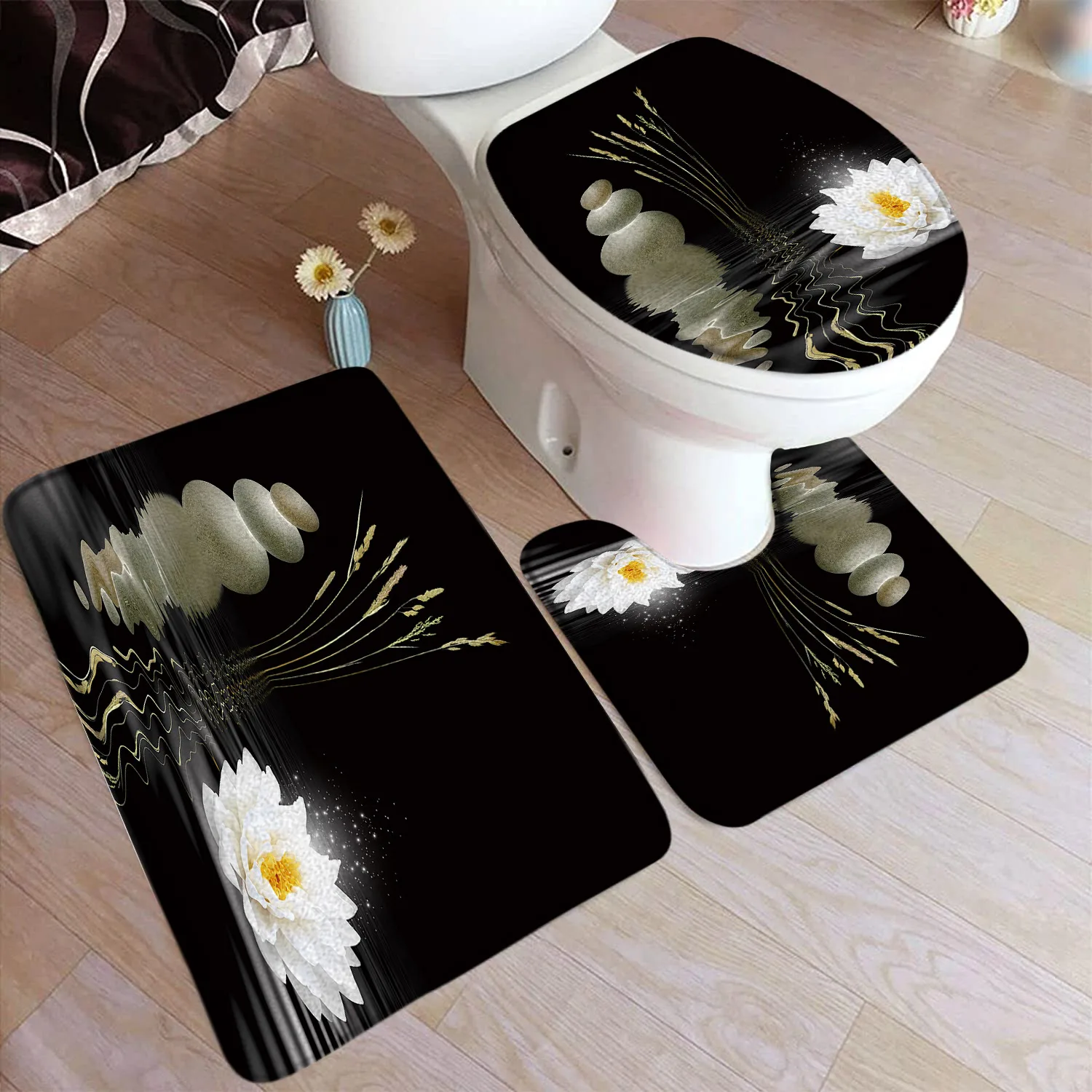 Zen Stone Flower Tappetino Da Bagno Set Lotus Floral In Water Reflection Floreale Antiscivolo Coperchio Del Water Tappeto Per Piedi Tappeto Set Di Acc