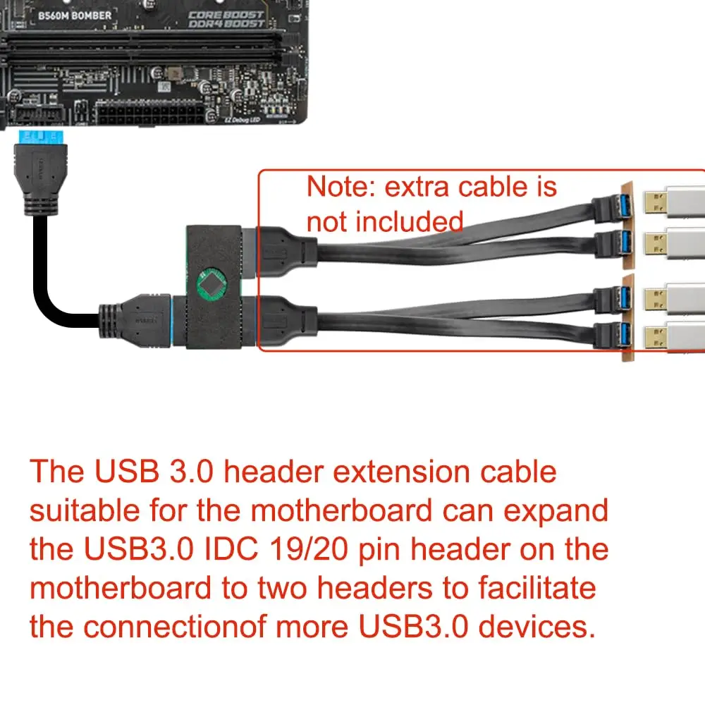 JoniSerl 업그레이드된 마더보드 USB 3.0 헤더 분배기 19핀 20핀 헤더 1-2 허브 연장 케이블(칩 포함), 안정적이고 신뢰할 수 있음