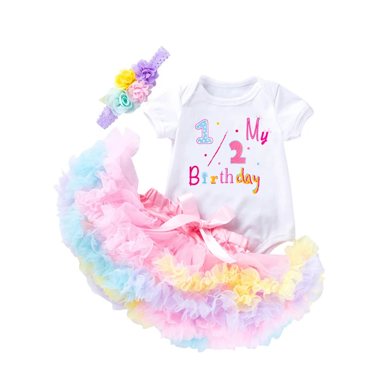 

Baby Girl Birthday Clothes Set, Short Sleeve Letter Print Romper + Colorful Tulle Frill Skirt + Flower Headband