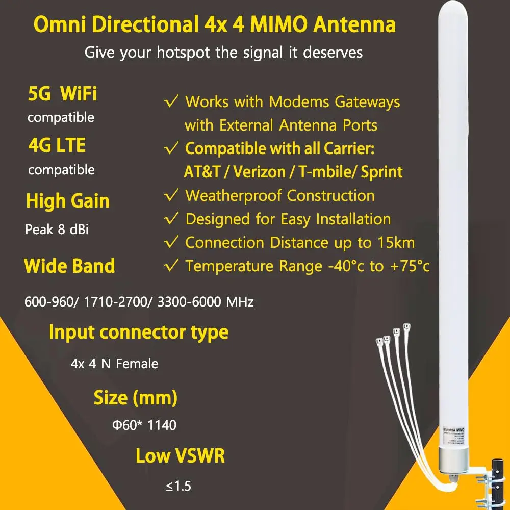 전방향 4x4 MIMO 안테나 5G 600-6000MHz T-Mobile 홈 인터넷 5G/4G/LTE/WiFi 아웃도어 셀룰러 안테나