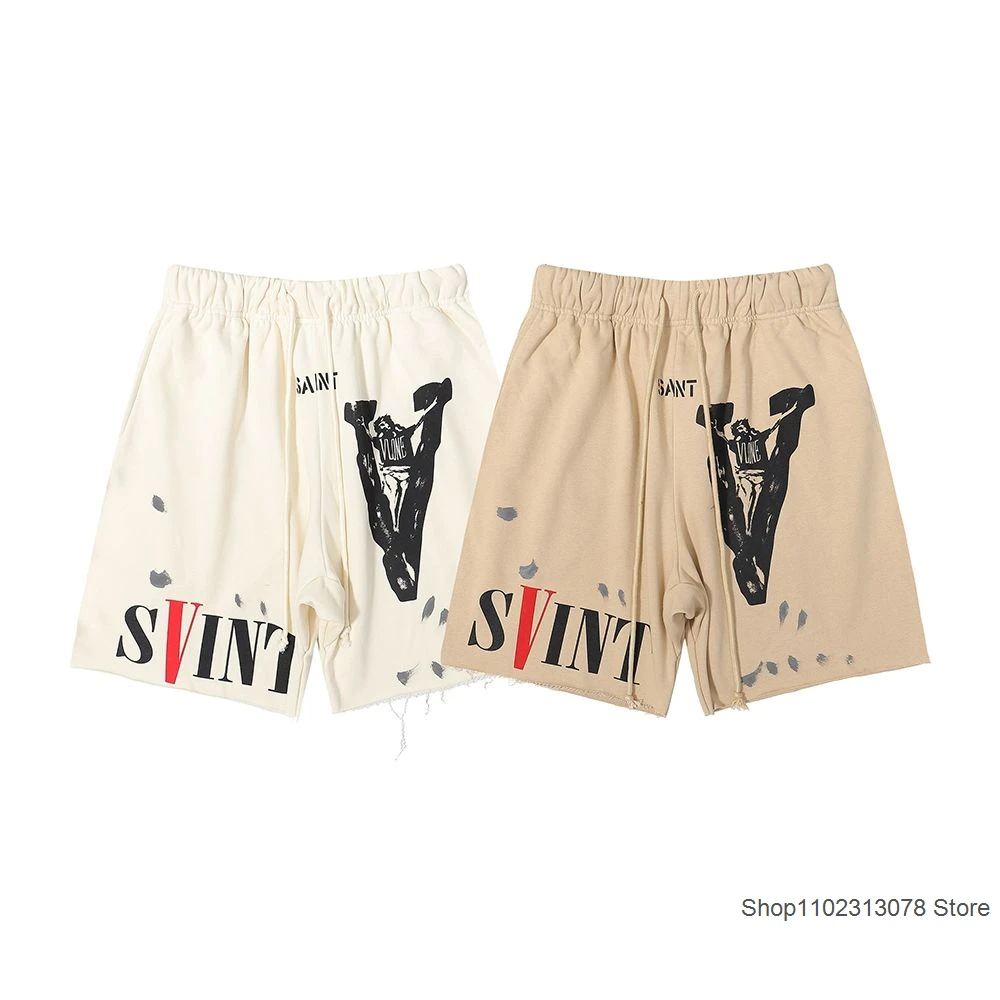 2022 NEW SAINT MICHAEL's X VLONE religious figure big V Pants hand-painted  printed cotton terry shorts
