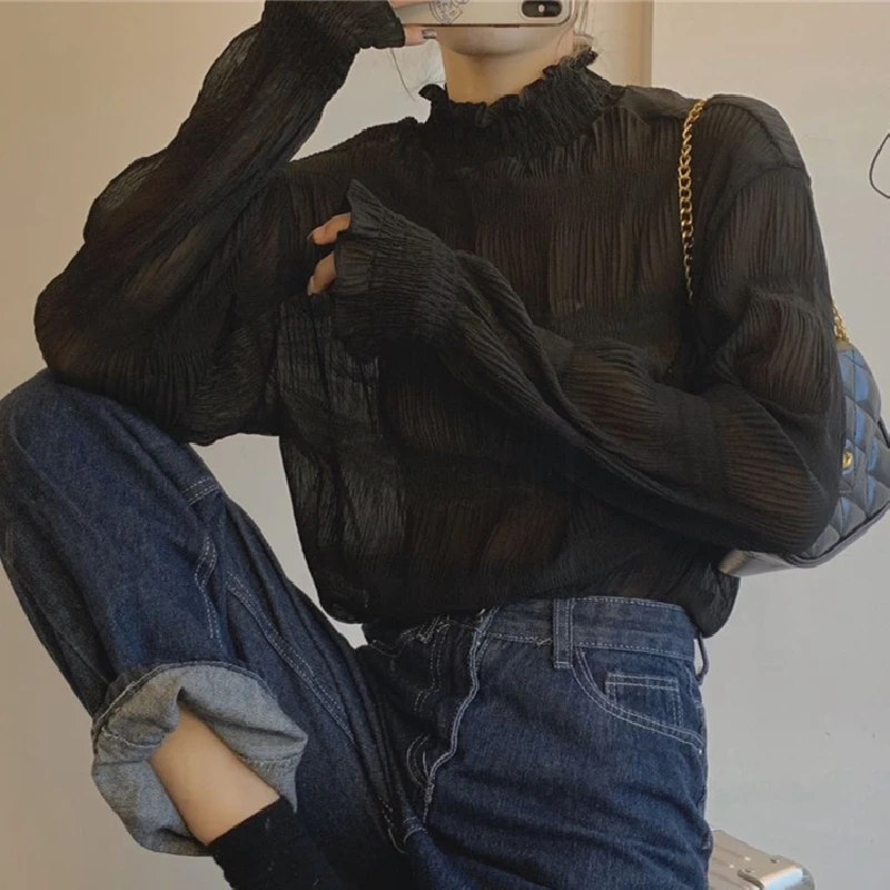 Chic Oversized Women's Chiffon irt Spring Autumn f High Collar Tulle Underwear Top Belly Cover Faionable Layered Sle