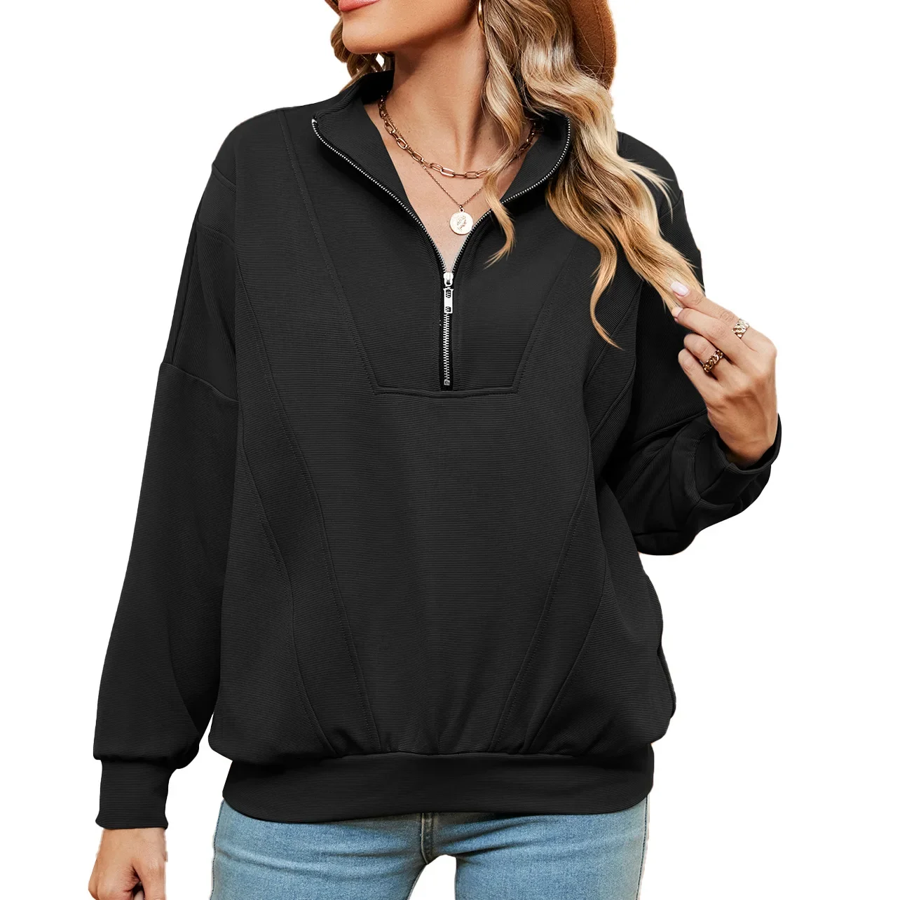 Autumn and Winter New Solid Color Zipper Long Sleeve Loose Pullover Sweater Coat for Women