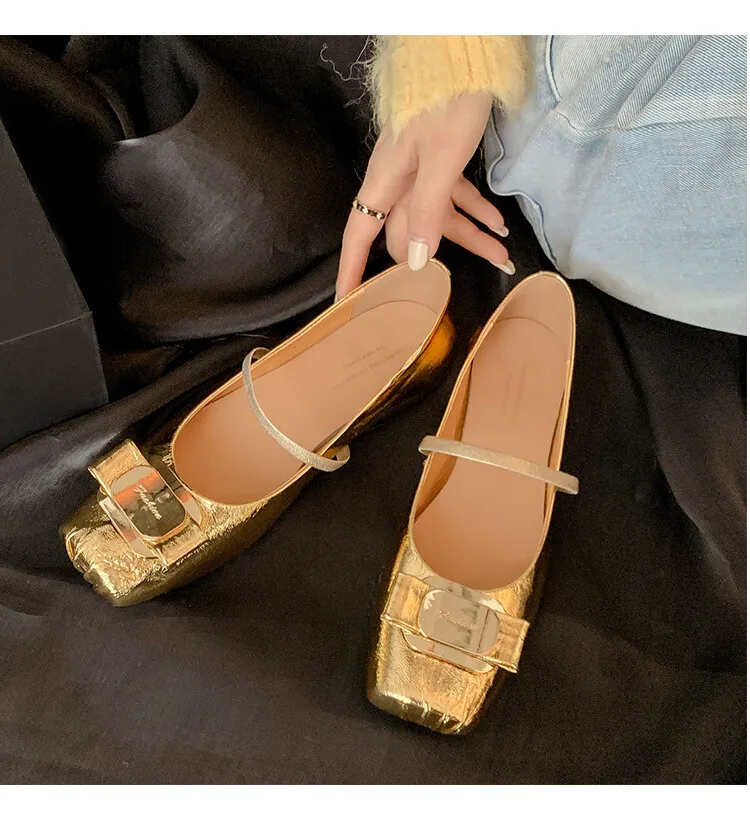 

Tacones Zapatos Mujeres Square Toe Heel Spring Tуфли женские Buckle Strap Gold Shoes women Shallow Zapatillas Mujer Tacon