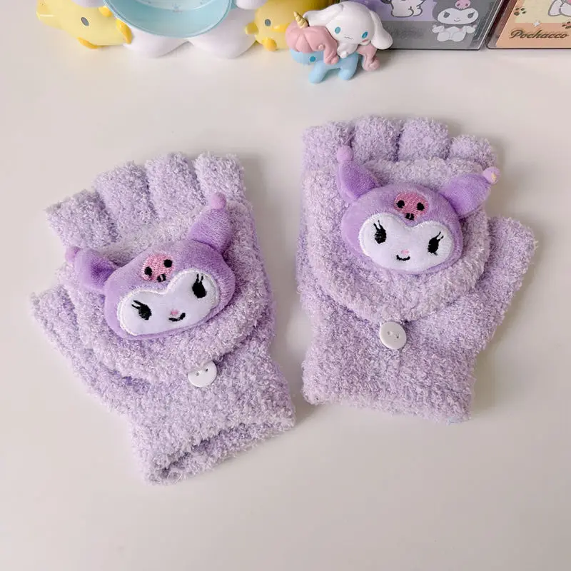 

Sanrio Kuromi Cinnamoroll My Melody Fingerless Clamshell Warm Gloves Knitted Women Plush Warm Student Writing Cold Protection