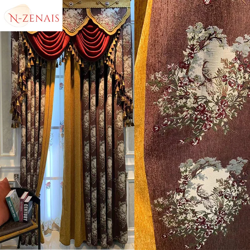 

European Red Chenille Jacquard Luxury Curtains for Living Room Bedroom Dining Blackout Window Tulle Embroidered Valance Wedding