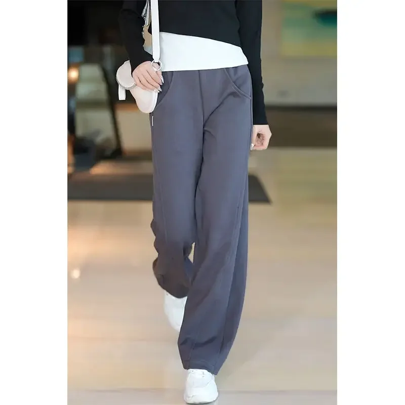 

New Fashionable Solid Color Sports Pants for Women Spring Casual Female Elastic High Waist All-match Wide Leg Trousers Z201