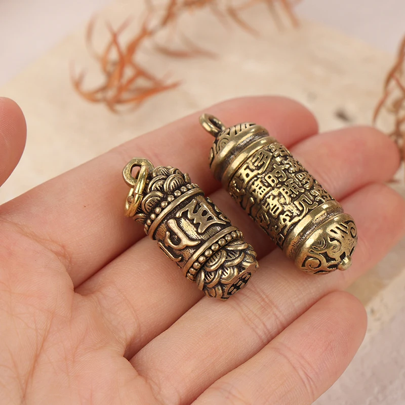 Pendant Keychain Brass Buddha Sutra Cylinder Pendant Keychain Hanging Necklace Jewelry Pill Box Medicine Case Container Bottle Keychains Gift brass pendant keychain