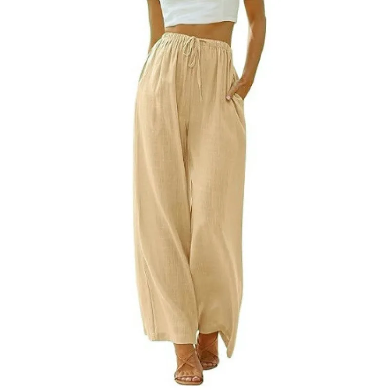 Women’s summer linen wide leg high waist drawstring casual palazzo pants with pocket   Yellow