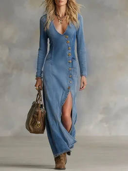 Chic Women Denim Maxi Dress Blue Deep V High Slit Long-sleeved Single Breasted Robe Female Elegant Daily Fashionable Long Dress 1