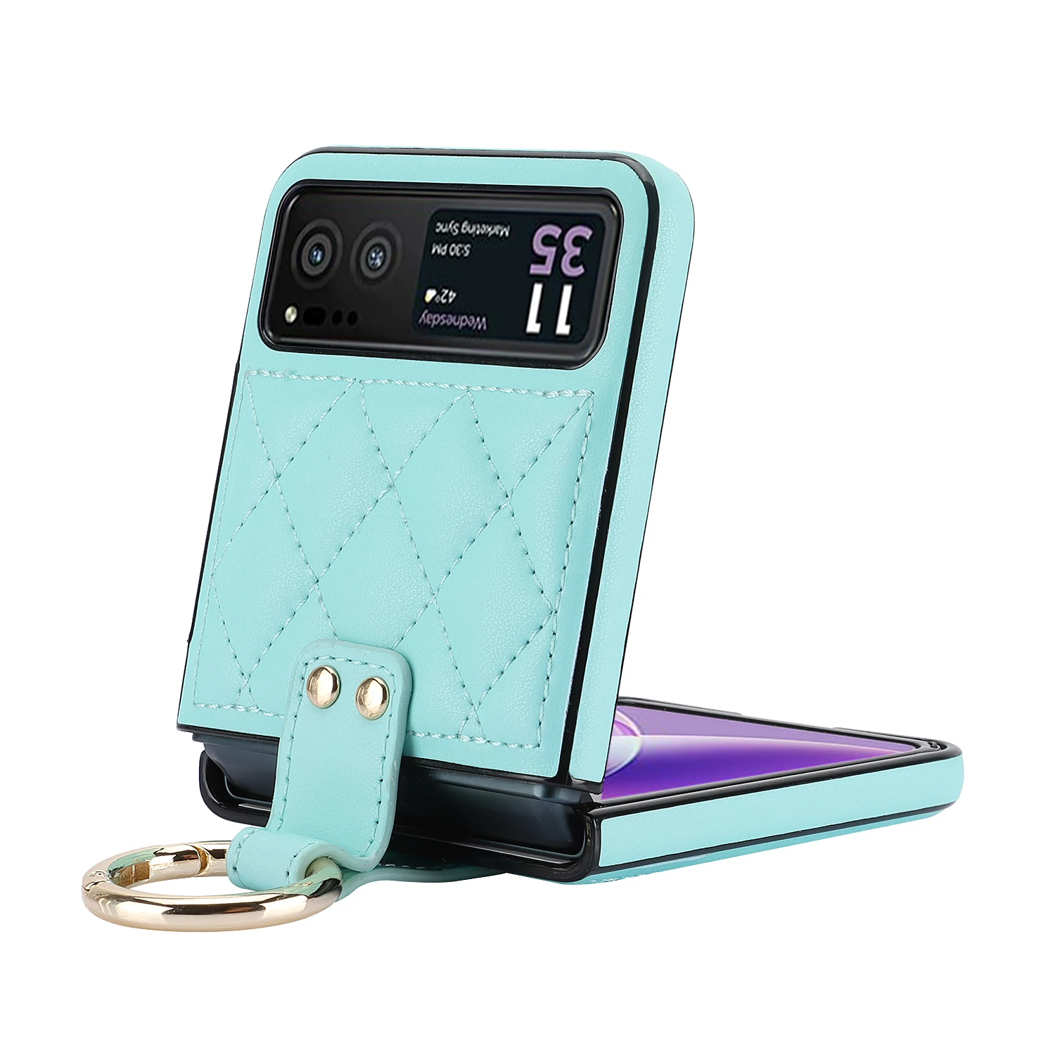 Luxury Fashionable Quilted PU Leather Phone Case with Metal Ring - Fall Prevention Design