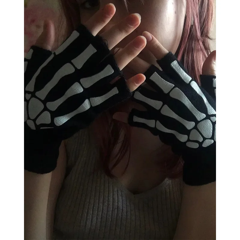 1/4pairs Gloves Universal Halloween Skeleton Half Finger Gloves Luminous Fingerless Elastic Knitted Winter Multi Finger Gloves