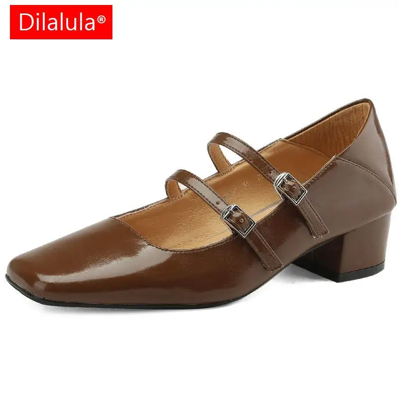 

Dilalula Vintage Elegant Women Pumps Spring Summer Square Toe Thick Heels Genuine Leather Mary Janes Shoes Woman Party Office