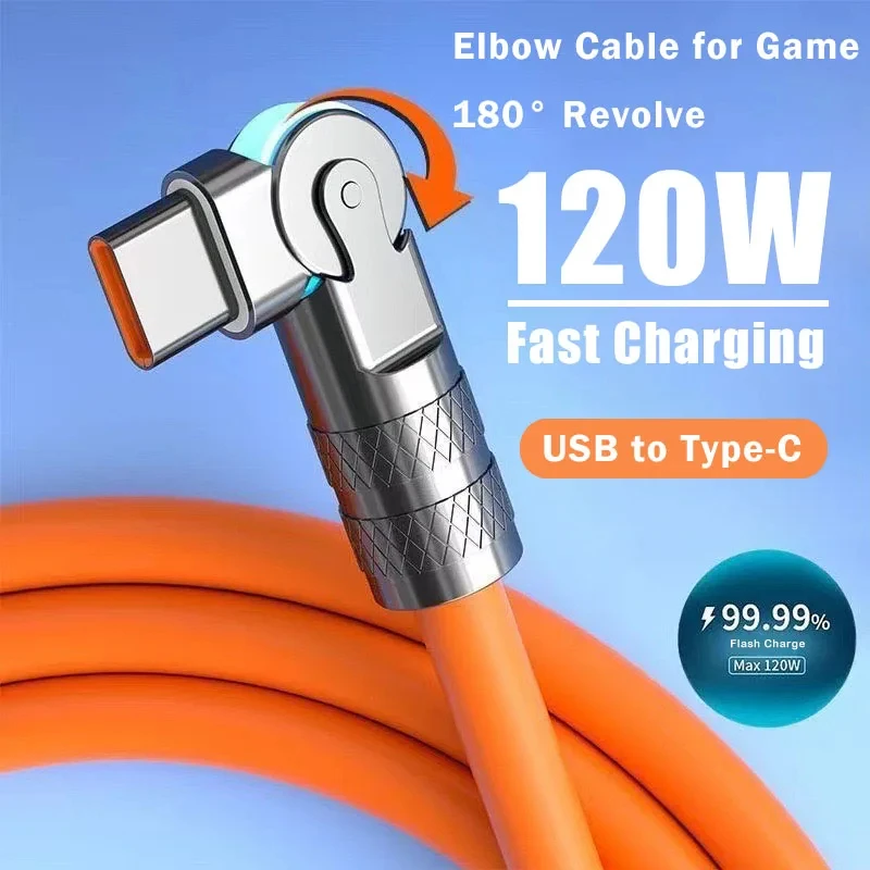120W 7A Fast Charge USB Type C Cable 180 Degree Rotation Elbow Cable Game Xiaomi Redmi Honor Phone Charger USB C usb type c cable