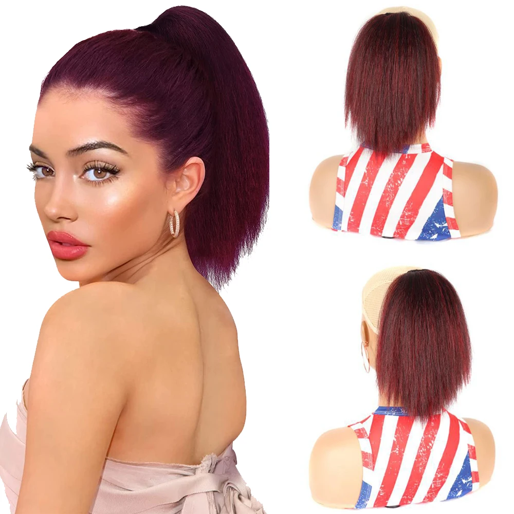 Synthetic Short Red Drawstring Ponytail Wig For Black Woman 10inch Fake Yaki Straight Pony Tail Clip In Hair Extension