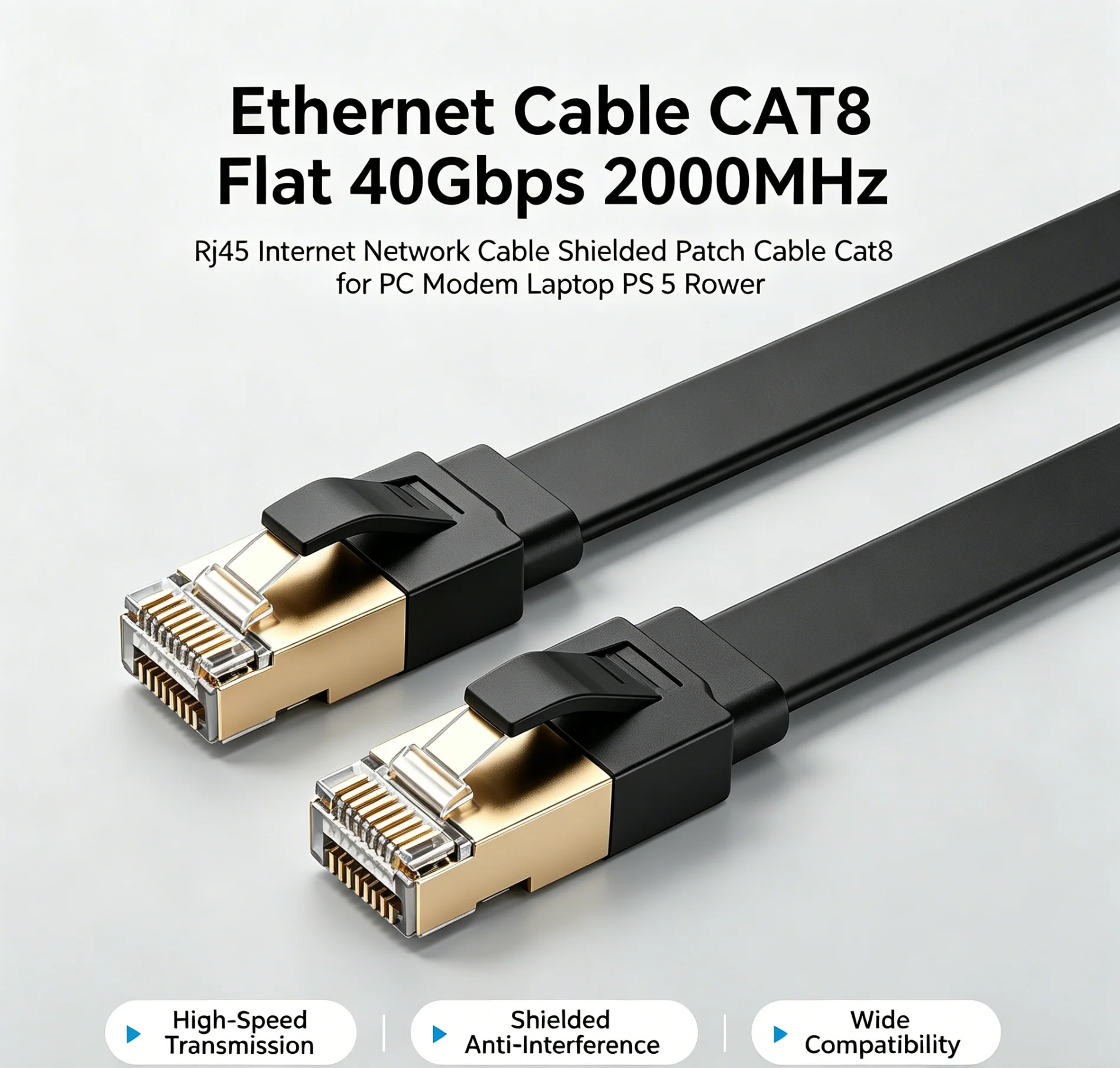 Premium Flat CAT8 Ethernet Cable - Shielded High-Speed 40Gbps 2000MHz Network Cable