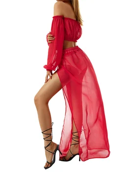 Women´s Two Piece Cover-Ups See Through Long Sleeve Off Shoulder Tops + Cover Up Split Skirt for Beach 1