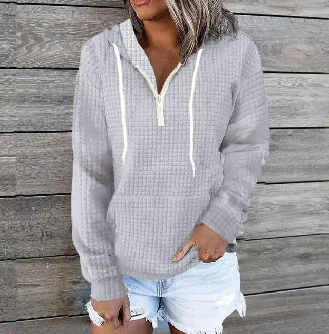 

2023 Autumn/winter New Women's Pullover Sweater Casual Fashion Zipper Design Drawstring Bubble Textured Hoodie Basic Versatile