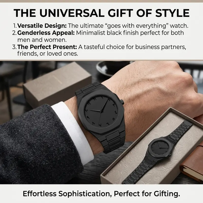 1pc All-Black Metal Chain Watch with Octagonal Bezel, Unique Markings, Simple and Stylish, Unisex, Trendy and Versatile - Image 3