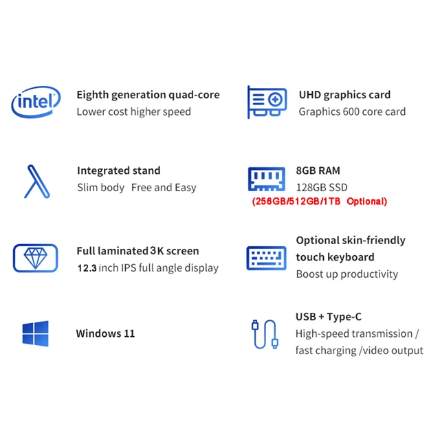 Windows 11 Tablettes PC avec clavier, Windows 11, Office Business Computer,  3K, 2022 , Intel Celeron J4125, 8 Go de RAM, 1 To SSD, Caméra, WiFi, 12.3