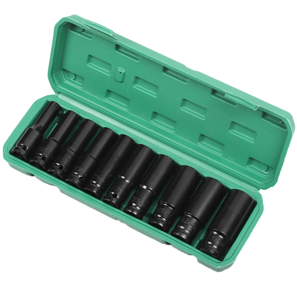 10-teiliges Schlagschrauber-Set, 1/2 Zoll metrischer Schraubenschlüsselantrieb, tiefe Steckdosen, 10–24 mm, pneumatischer Schraubenschlüsselkopf, Werkzeuge zum Entfernen von Reifen