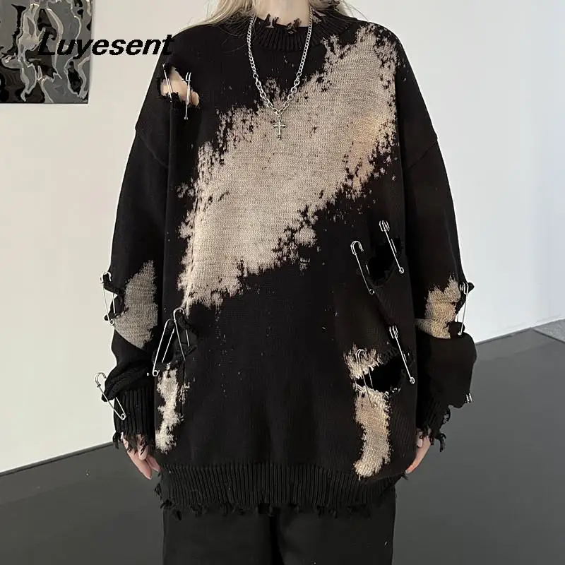 

Female Dark Gothic Tie Dye Loose Pullover Sweater Y2K Girl Hollow Broken Hole Tassel Pins Sweaters Korean Fashion Punk Jumpers