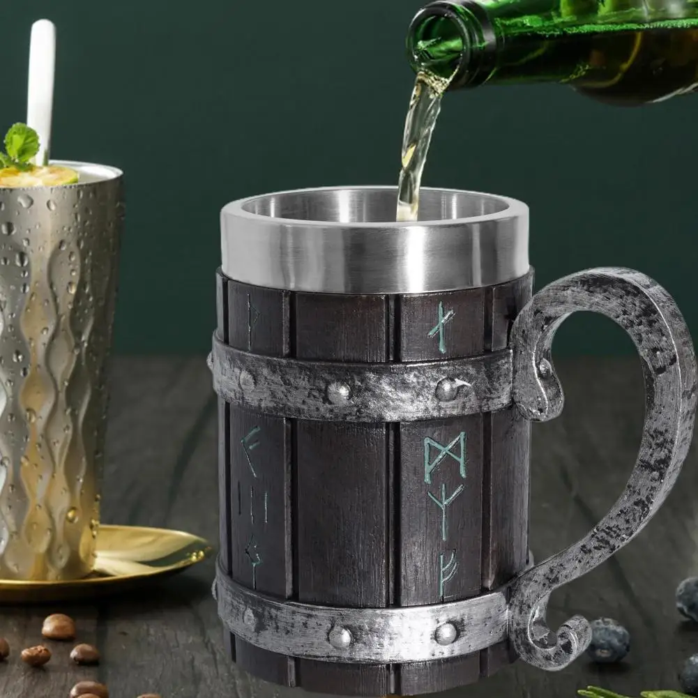 

Resin Viking Vintage Barrel Beer Mug Stein Double-layered Stainless Steel Liner Coffee Cup Tea Mug Barrel Cup Drinking Mug
