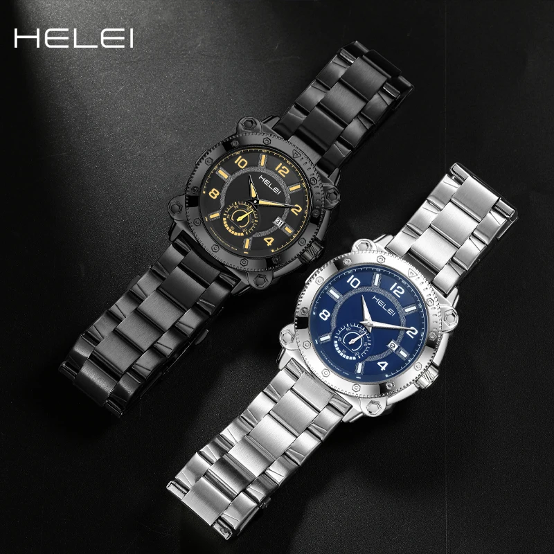 HELEI Luxury Men's Watch Stainless Steel Sport Luminous Fashion Quartz Men's Fashion Quartz Watch Waterproof Luminous