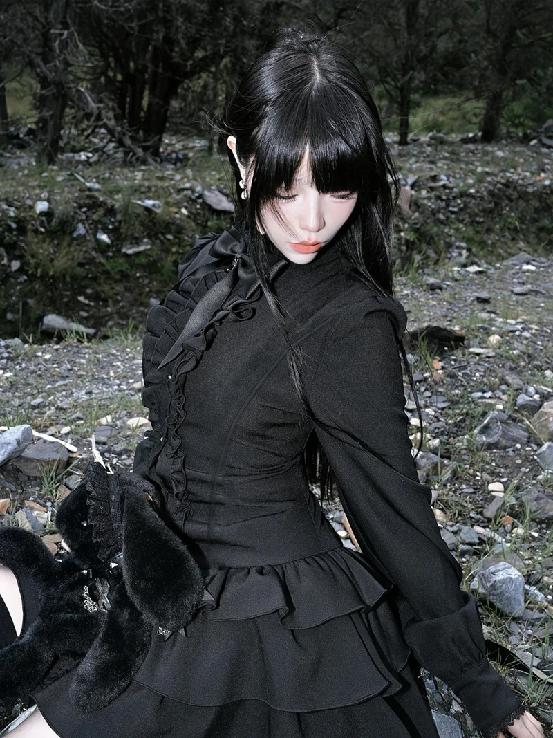 Y2K Lolita Dress - Gothic Mini Patchwork Lace Vintage Black Ruffle Slim Fit