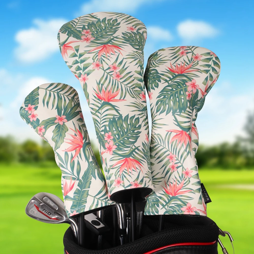 Hawaiian Style Soft PU Leather Printing Golf Club Headcover 3pcs Set Bundled Driver Fairway Wood Hybrid Covers