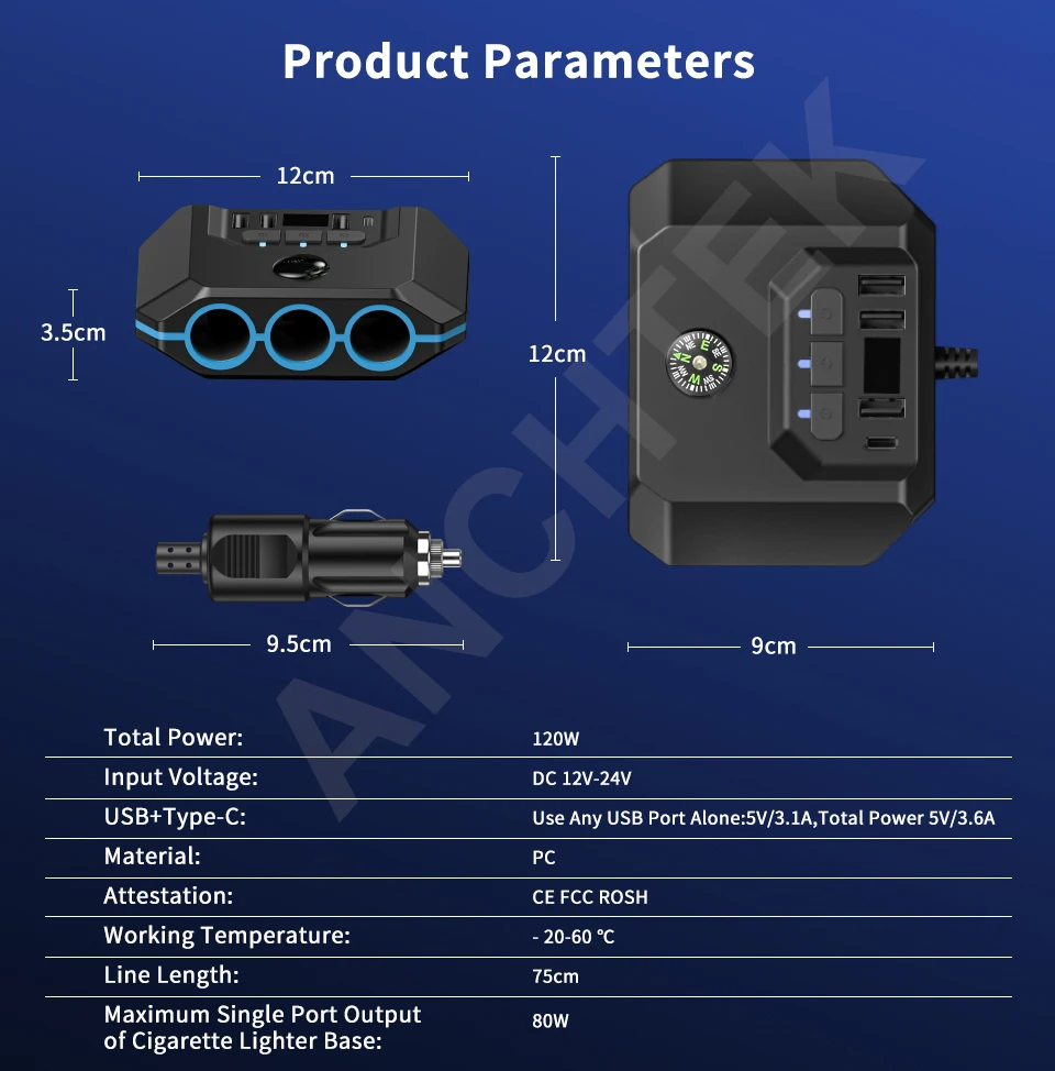 Anchtek 120W ڵ ð   USB   й ٱ  Ʈ LED а ڵ ׼