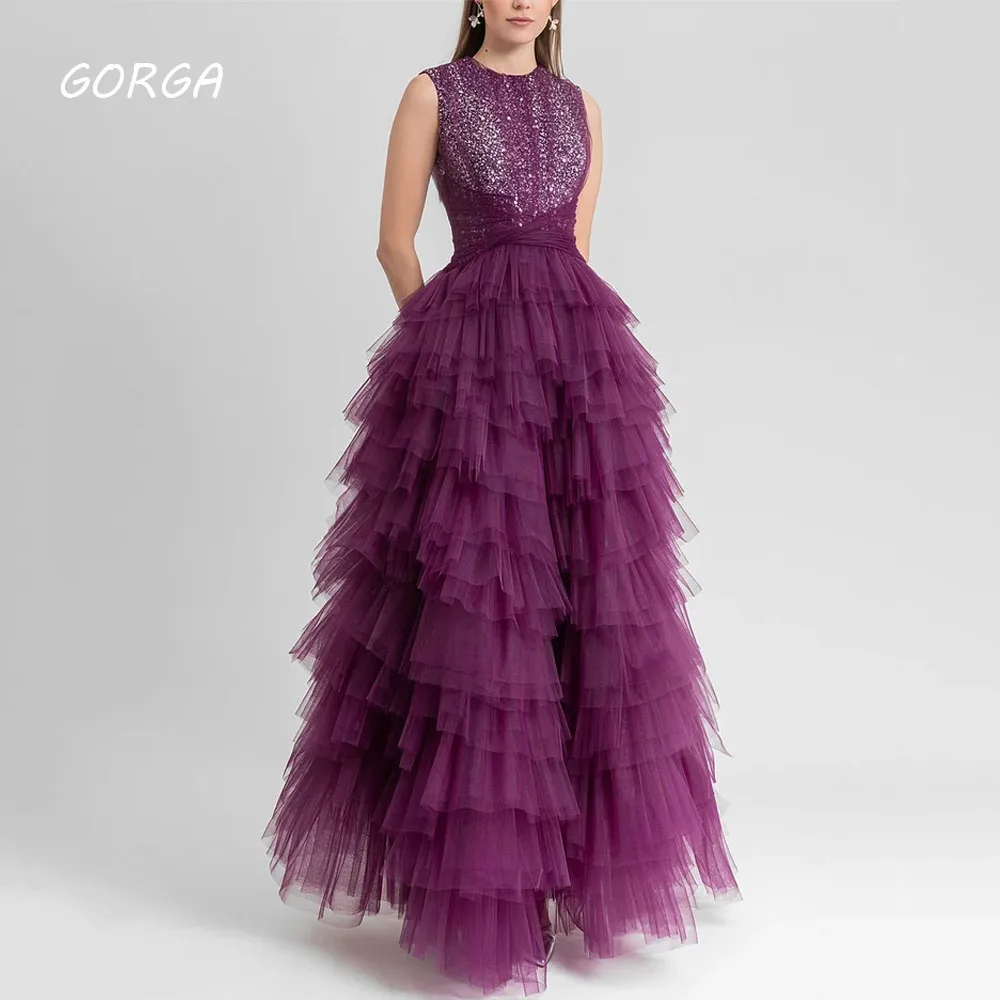 

GORGA Purple Exquisite O-Neck Sequined A-LINE Customized Formal Occasion Floor-Length Prom Dress Evening Party Gowns