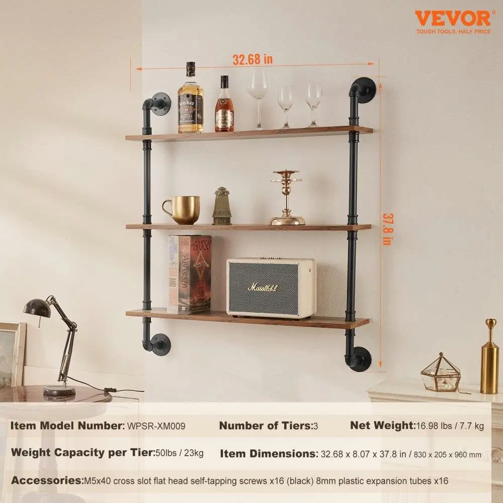 Industrial Pipe Shelf 3 Tier 32x7.87in Wall-Mount for kitchen Bedroom 2
