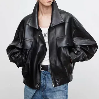 Women's Fashion Genuine Sheepskin Leather Jacket American Vintage Loose Silhouette Casual Short Jacket for Women