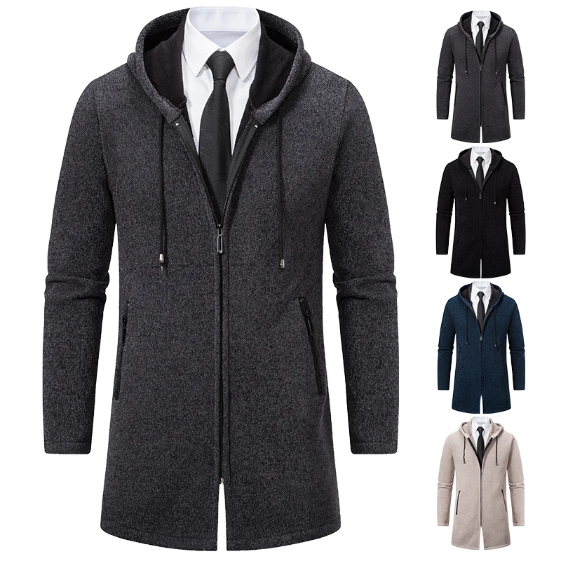 Male Knit Trench Coat Long Zipper Cardigan Winter Autumn New Sweater Korean Checkered Men's Luxury Parkas Hooded Overcoat