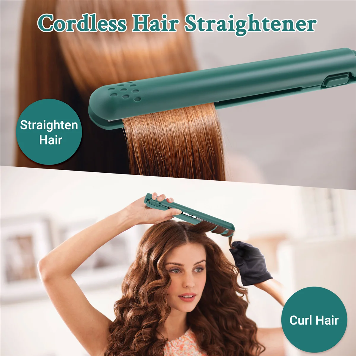 A14G-USB Cable Mini Portable Hair Straightener for Straight and Curling Dual-Use Curling Irons for Students Green