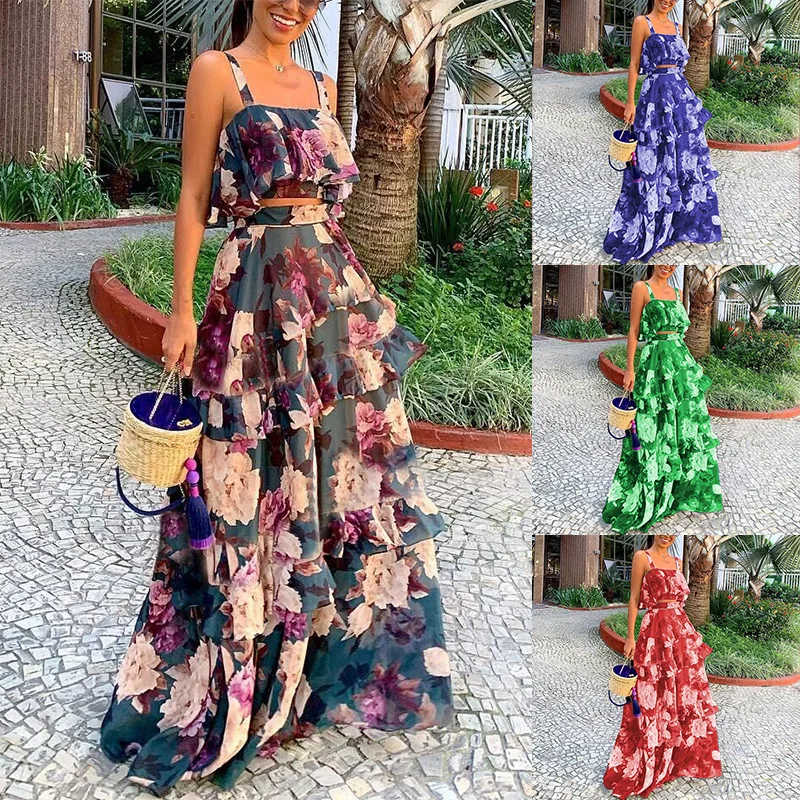 Women Two Pieces Skirt Set Strap Backless Short Top High Waist Ruffles Stitching Skirt Suit Summer Sexy Fashion Printed Outfit