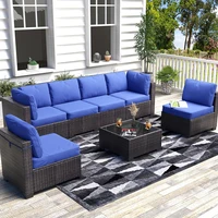 7-Piece PE Rattan Sectional Patio Set, Wicker Outdoor Sofa With Cushions & Glass Coffee Table, Conversation Furniture For Garden