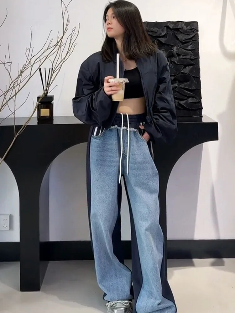 Retro Faionable Slimming Elastic Waist Straight Leg Denim Sweatpants Women's Loose Color Blo Casual Pants High Waist