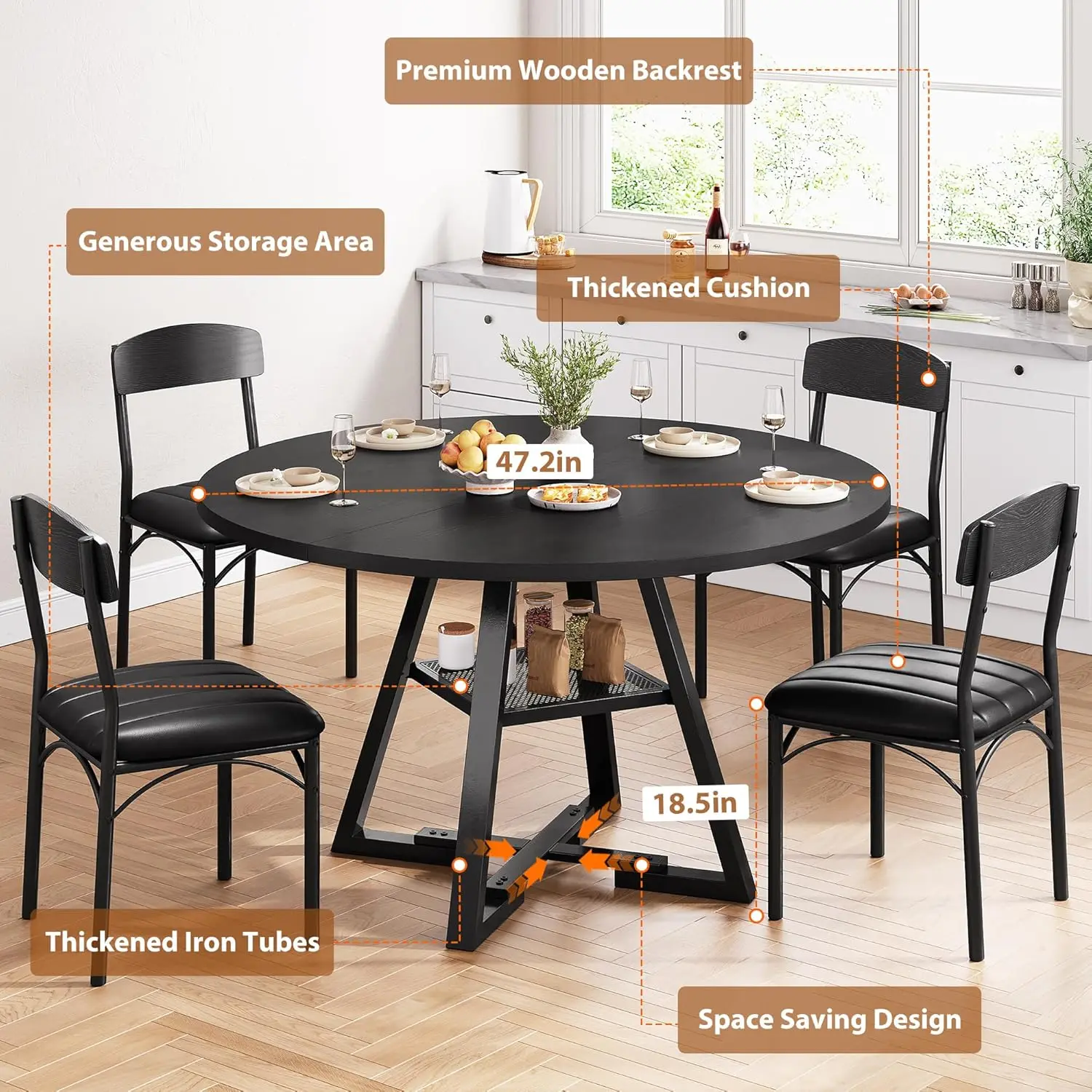 new-4, Kitchen Table and Chairs for 4, Circle Table Round Pedestal Dining Room Dinner Dinette Table Set,5 Piece Space Saving Woo