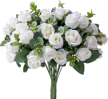 10 teste di fiori artificiali di seta rosa bianca foglie di eucalipto bouquet di peonia fiori finti per tavolo da sposa vaso per feste decorazioni per la casa 1