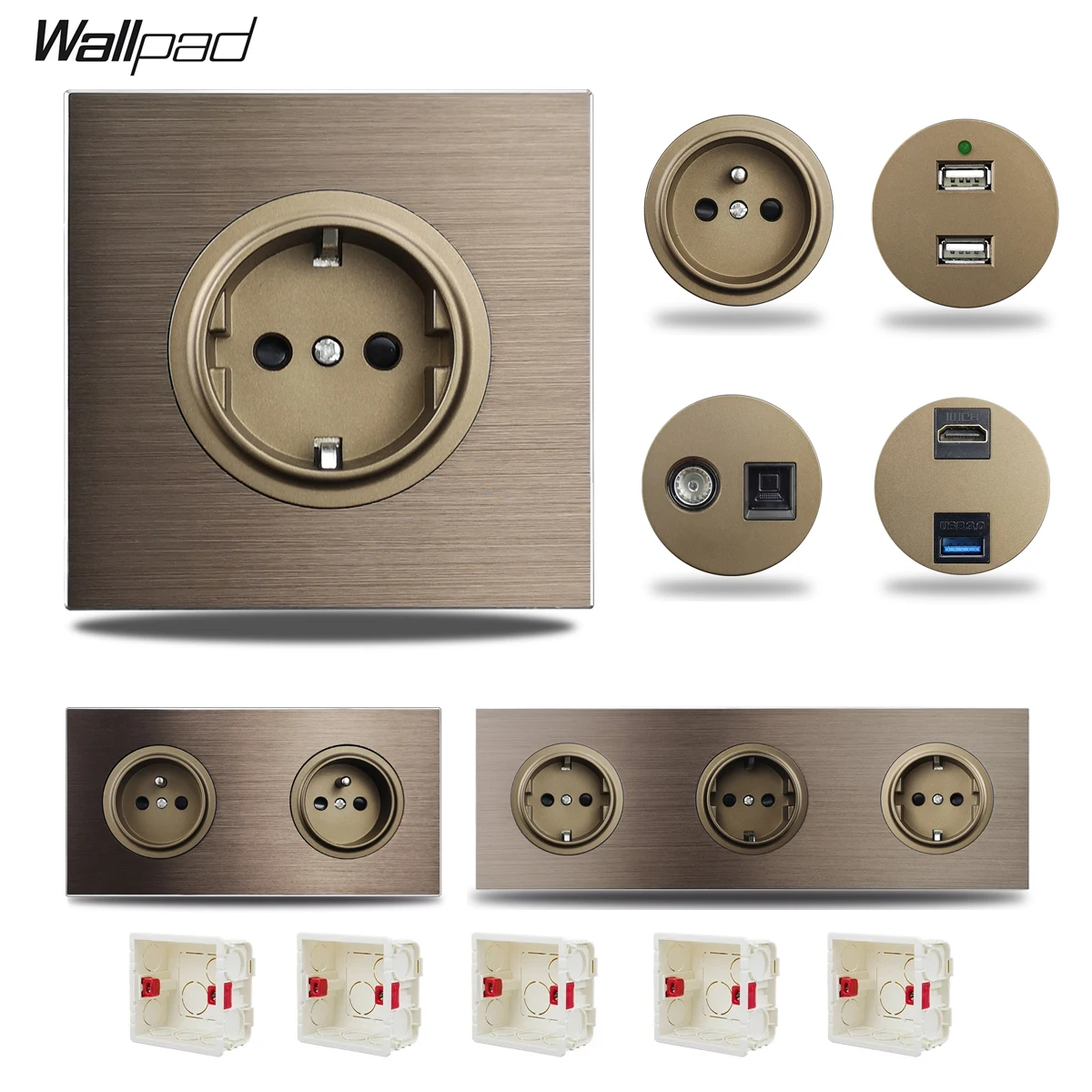 EU ภาษาฝรั่งเศสคํา Wall SOCKET ปลั๊กไฟไฟฟ้าแปรงอลูมิเนียมสีน้ําตาล 1-5 โพสต์แผ่นพอร์ตชาร์จ USB RJ45 CAT6 สายไฟ Outlet 1