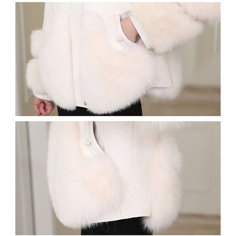 Faux Fox Fur Jacket for Women, Loose Mid-length Overcoat, PU Leather, Stitching, Warm Parka, Fashion, New, Winter, 2023