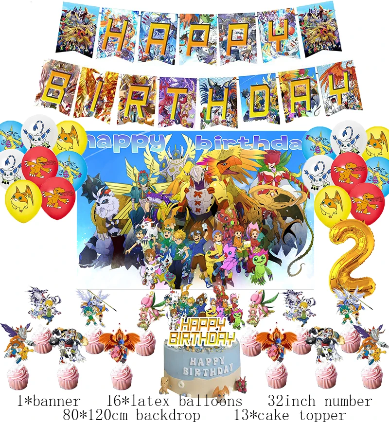 thumbnail image 1 of Digimon Adventure decoración de fiesta de cumpleaños, pancarta de fondo de globo de látex, adorno de pastel, Baby Shower, 1 of 5